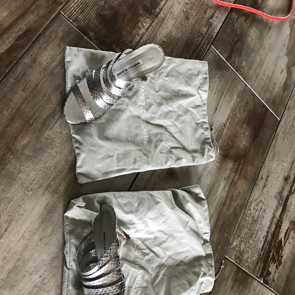 Manolo Blahnik snakeskin Silver Metallic mules